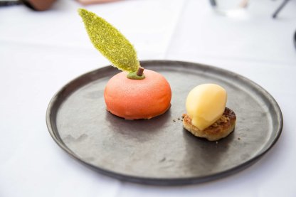 White chocolate mouse with french toast and a sorbet of sukerbole